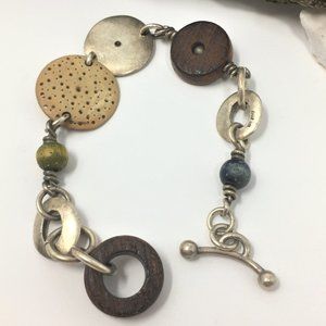 Eles 925 Round Sterling Silver Wood Disk Chain Link Toggle Bracelet